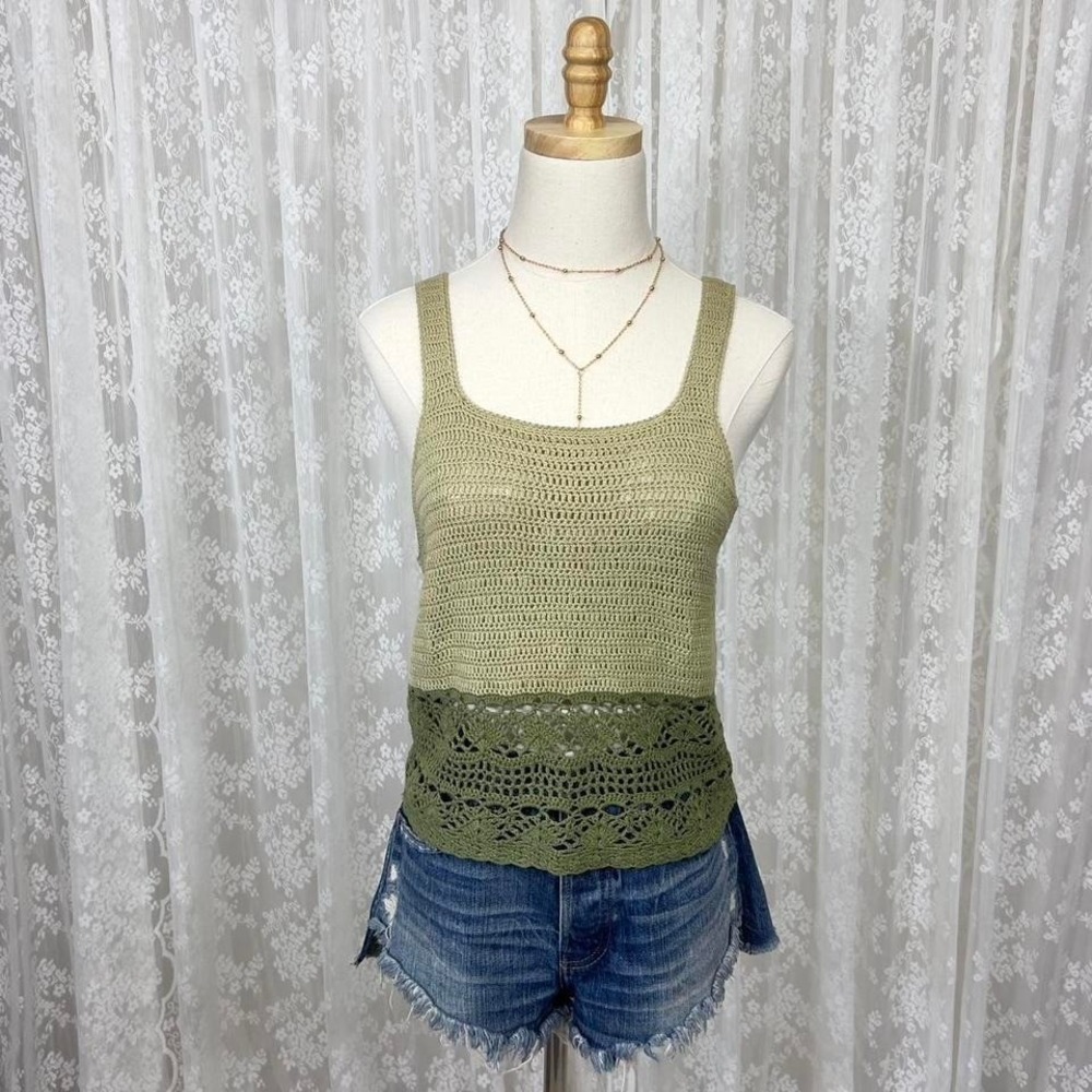 Vintage Jordache Green Crochet Sleeveless Tank‎ Top Women's Medium Festival Boho